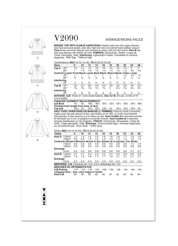 Vogue Misses' Top with Sleeve Variations Sewing Pattern V2090