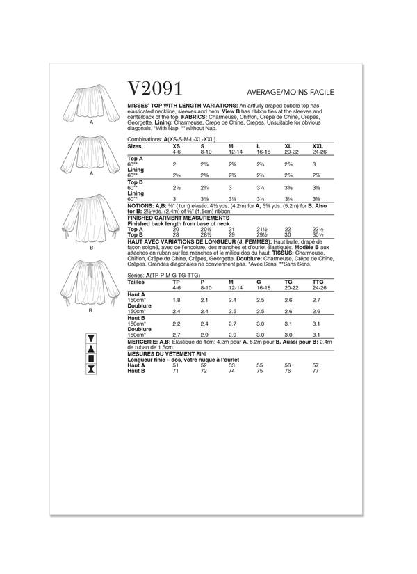 Vogue Misses' Top with Length Variations Sewing Pattern V2091