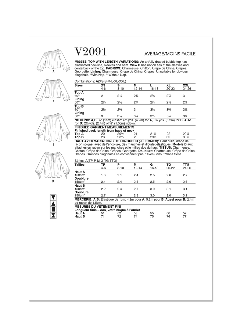 Vogue Misses' Top with Length Variations Sewing Pattern V2091