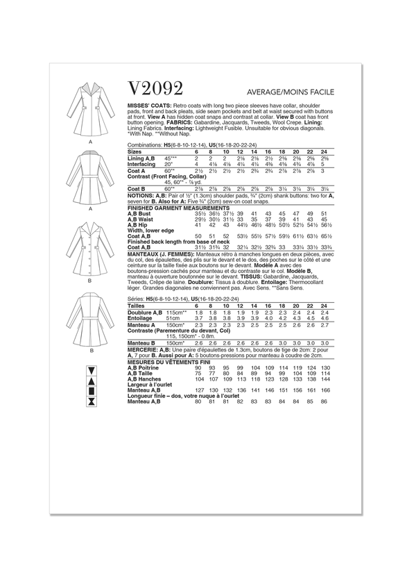 Vogue Misses' Coats Sewing Pattern for Stylish Creations V2092