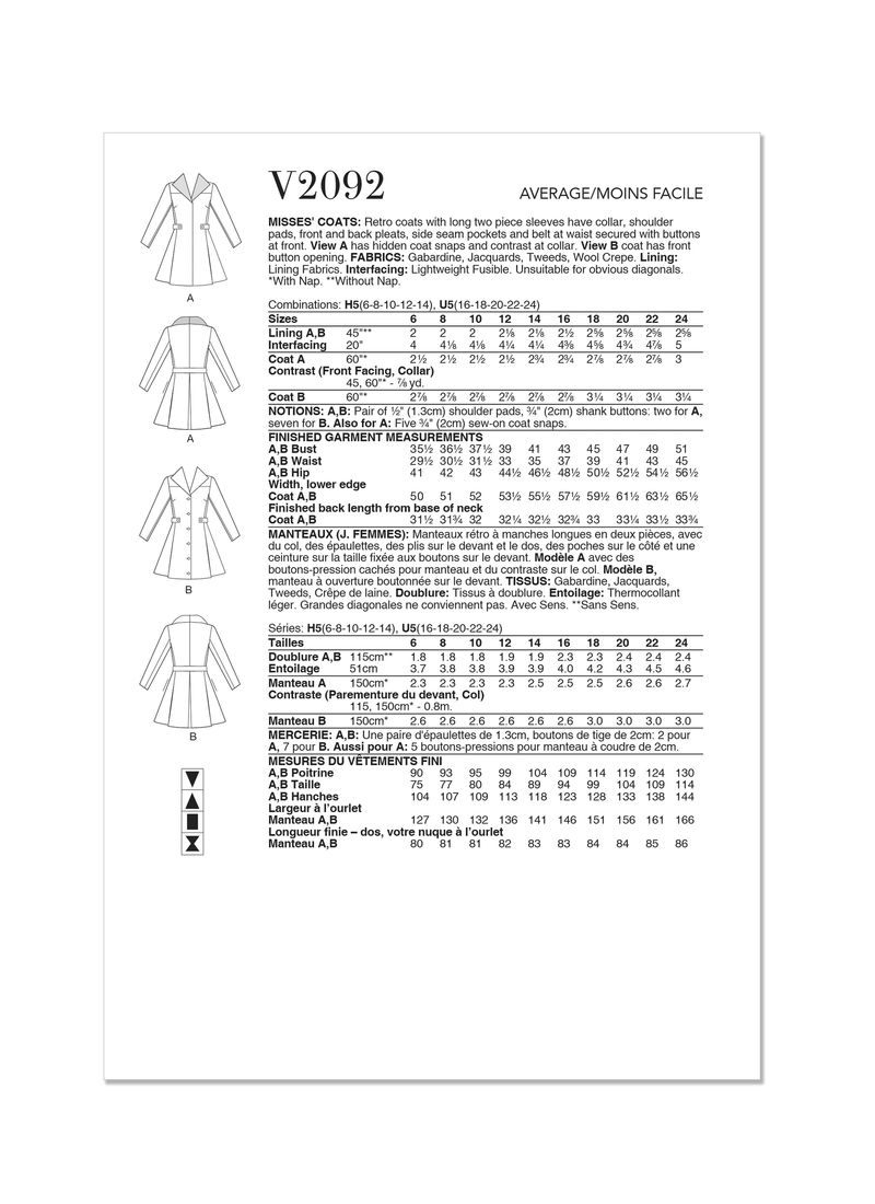 Vogue Misses' Coats Sewing Pattern for Stylish Creations V2092