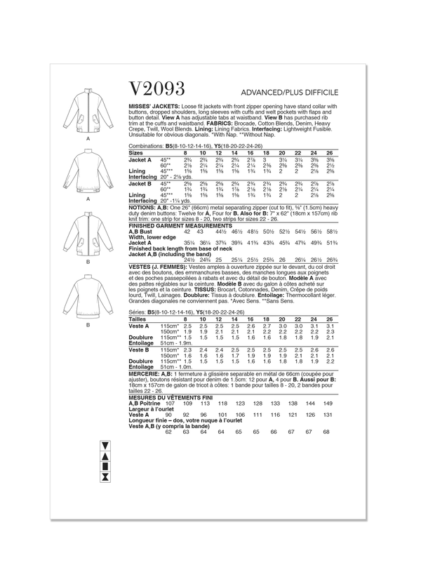 Vogue Misses' Jackets Sewing Pattern for Stylish Creations V2093