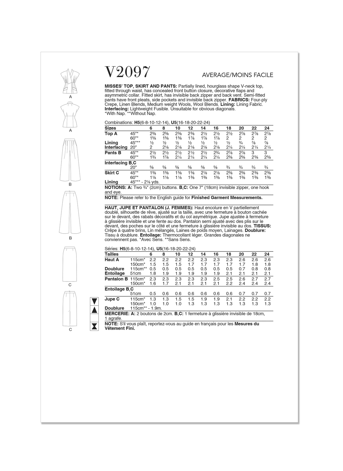 Vogue Misses' Top, Skirt and Pants Sewing Pattern V2097