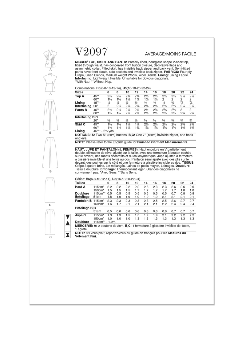 Vogue Misses' Top, Skirt and Pants Sewing Pattern V2097
