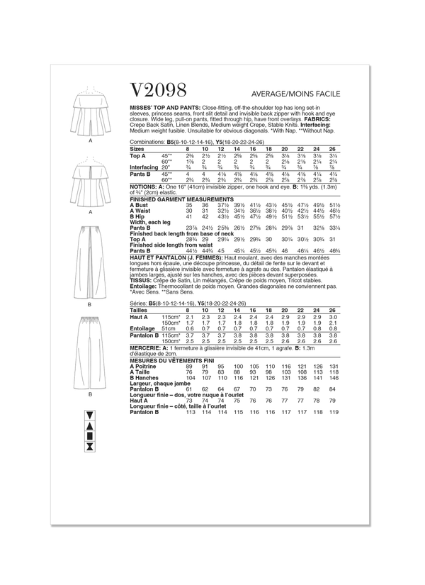 Vogue Misses' Top and Pants by Tom And Linda Platt Sewing Pattern V2098