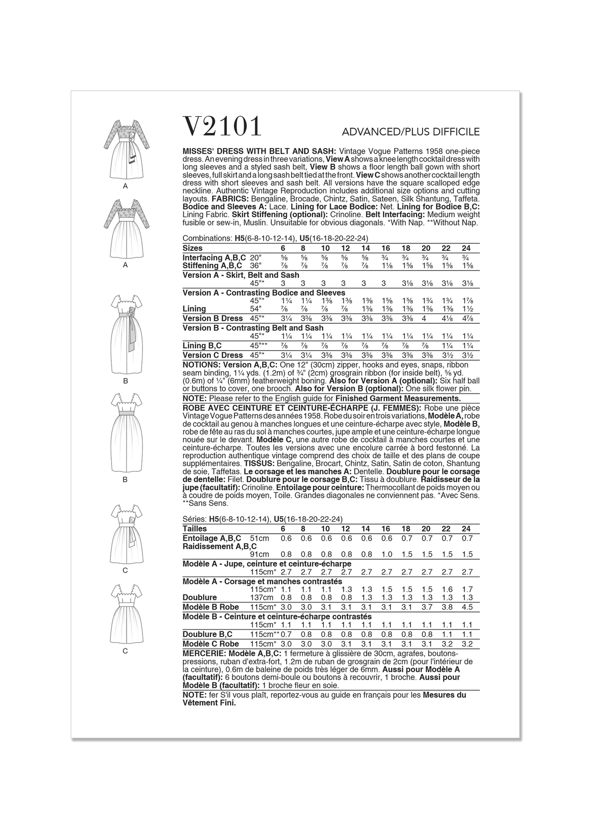 Vogue Misses' Dress with Belt and Sash Sewing Pattern V2101