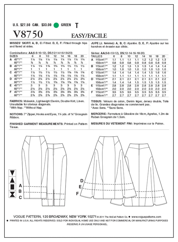 Vogue Skirt Sewing Pattern V8750