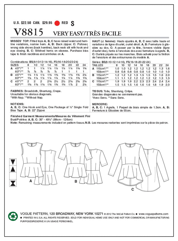 Vogue Top Sewing Pattern V8815