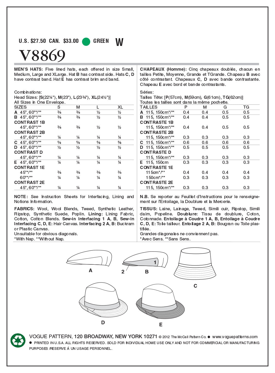 Vogue Undefined Accessories Headgear Sewing Pattern V8869OS