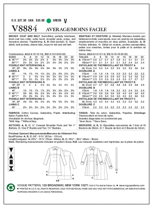 Vogue Outerwear Sewing Pattern V8884