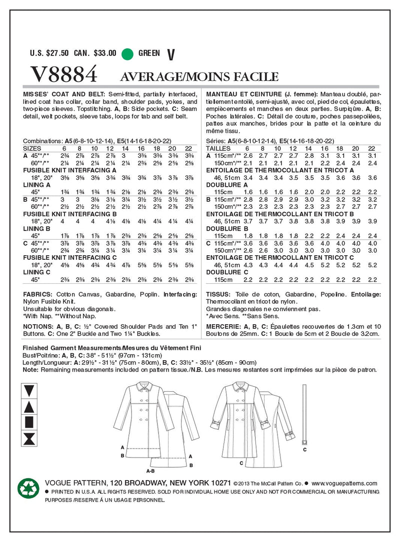 Vogue Outerwear Sewing Pattern V8884