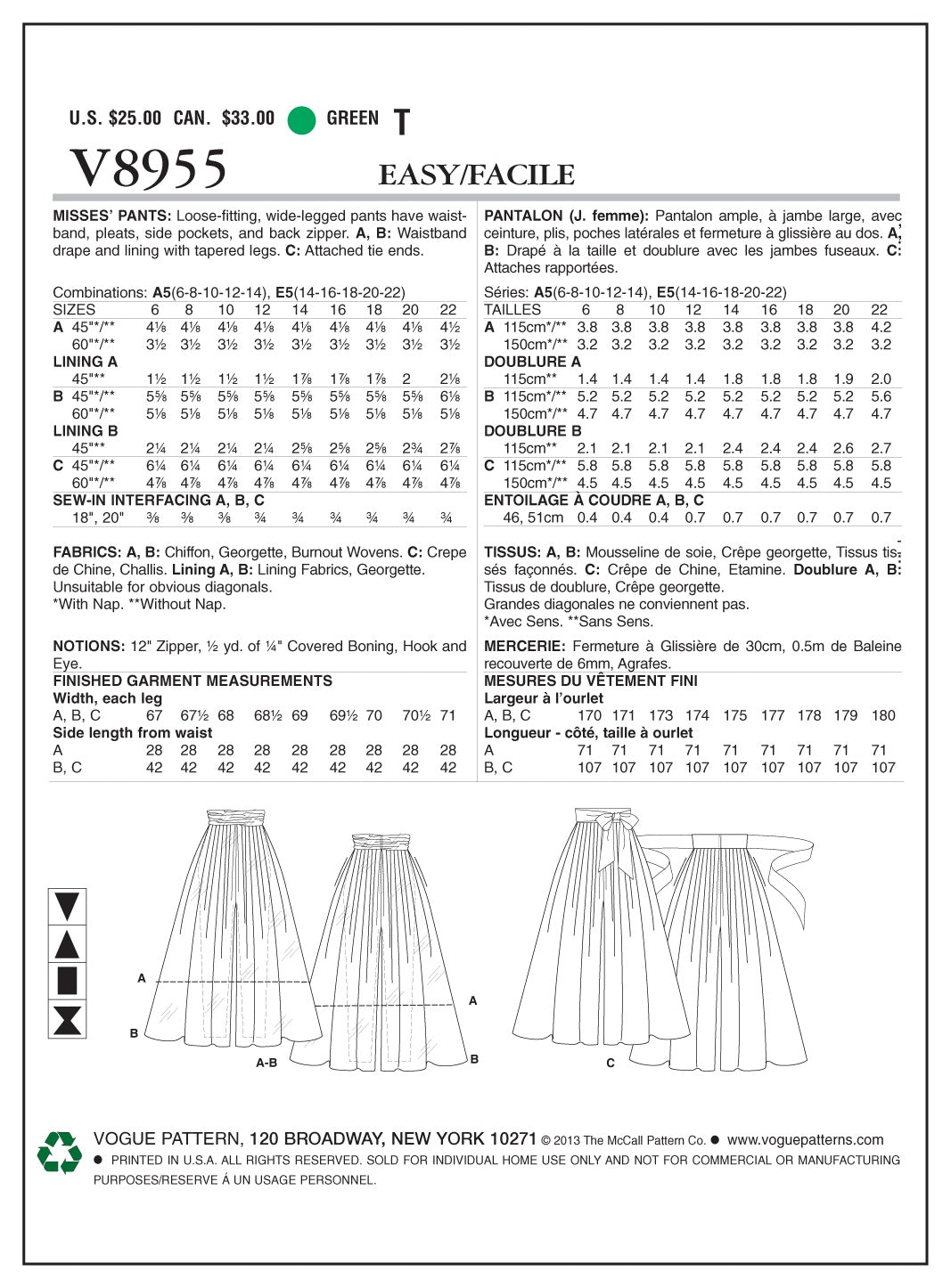 Vogue Pants Sewing Pattern V8955