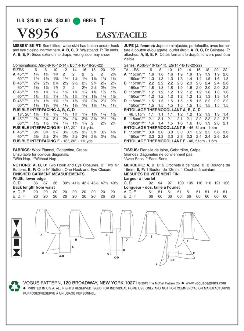 Vogue Skirt Sewing Pattern V8956