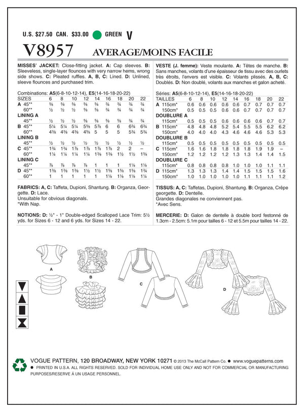 Vogue Jacket Sewing Pattern V8957