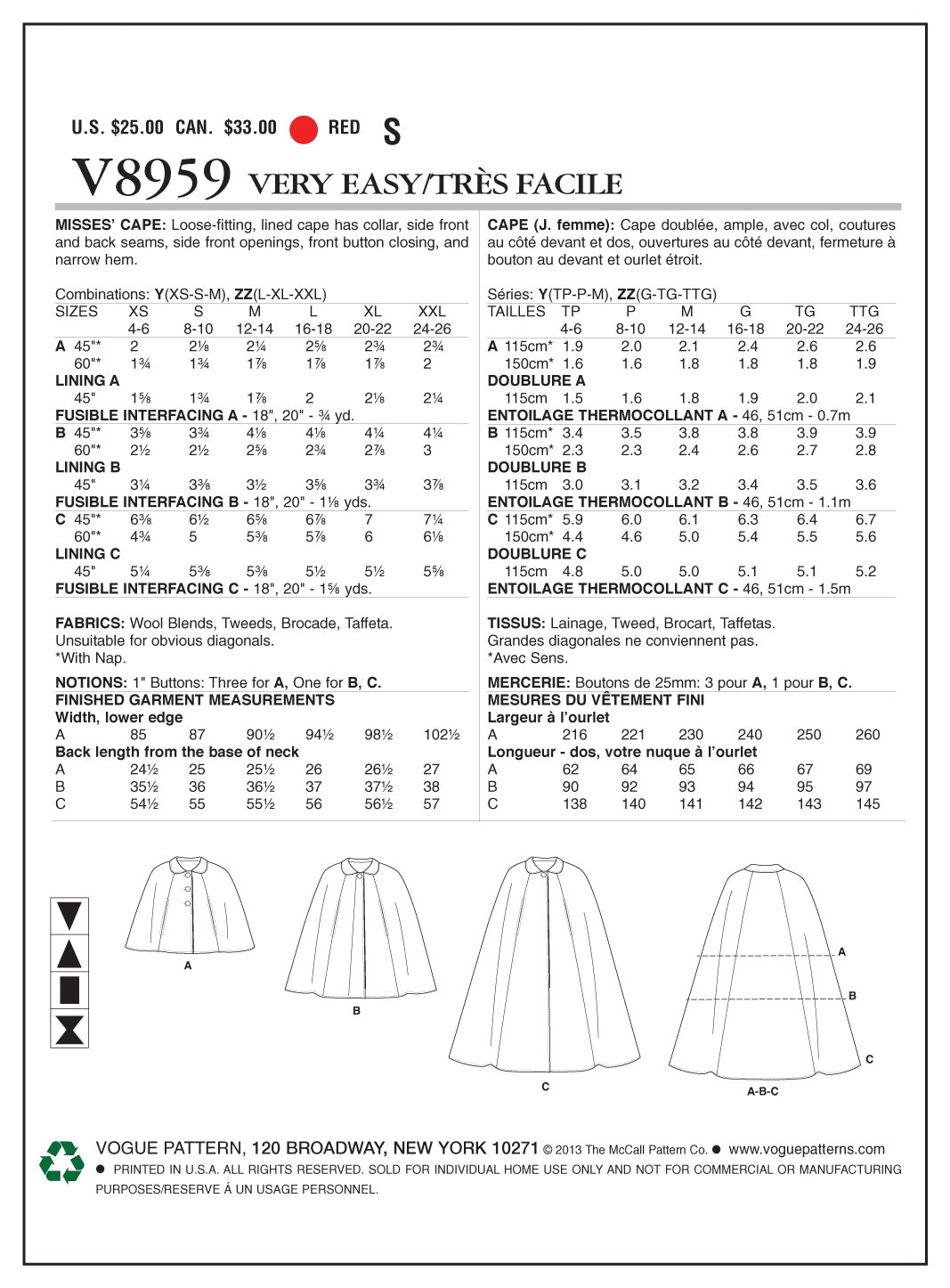 Vogue Outerwear Sewing Pattern V8959