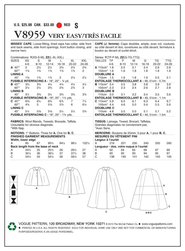 Vogue Outerwear Sewing Pattern V8959