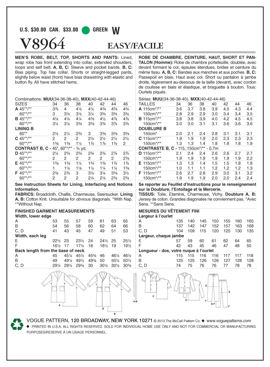 Vogue Sleep & Lounge Sewing Pattern V8964