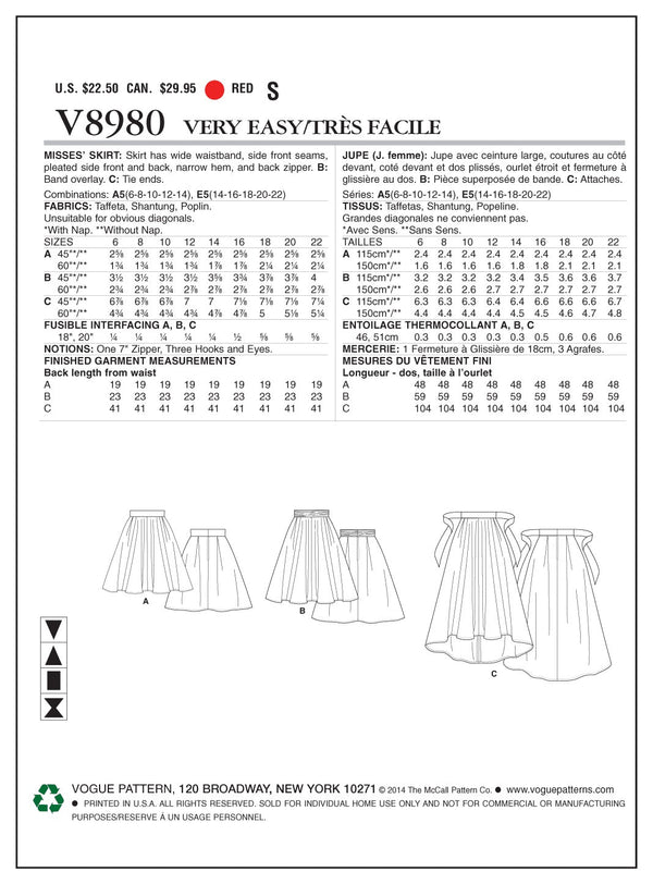 Vogue Skirt Sewing Pattern V8980