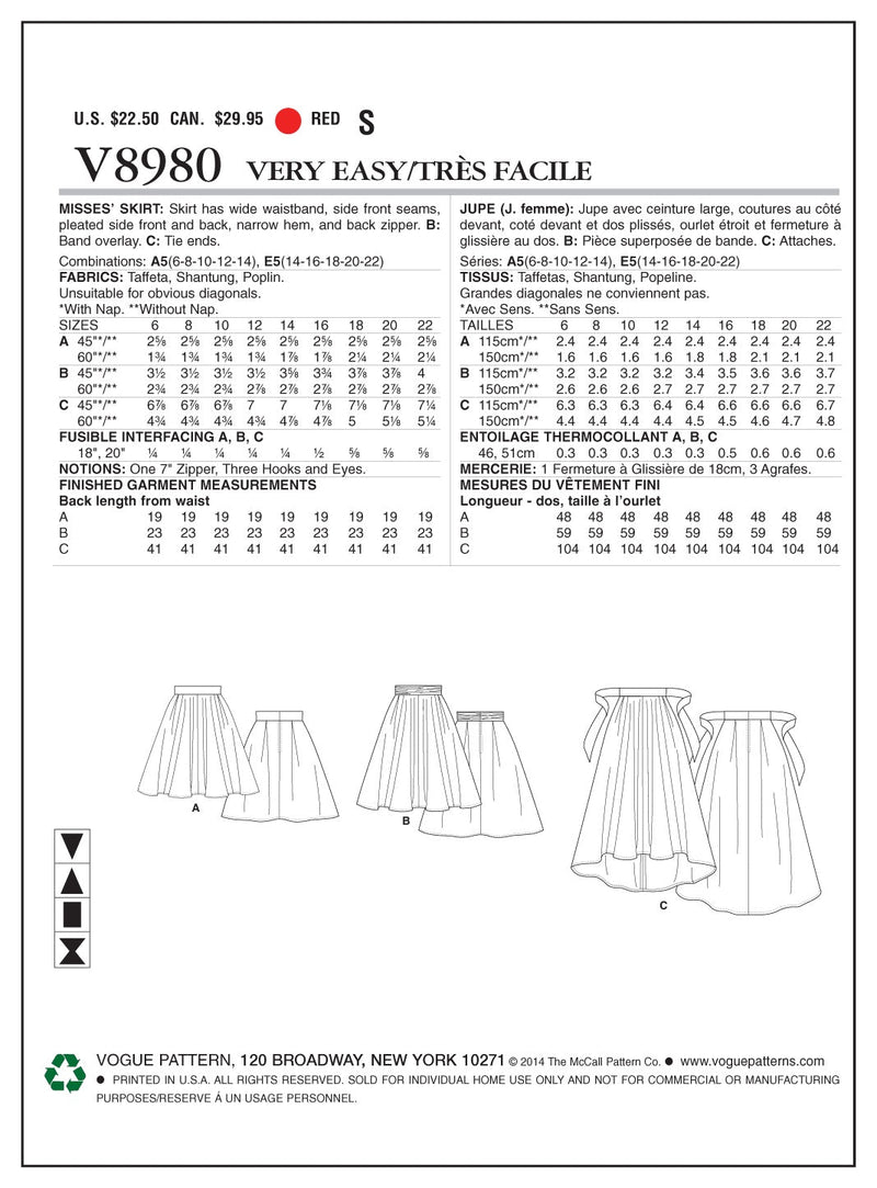 Vogue Skirt Sewing Pattern V8980