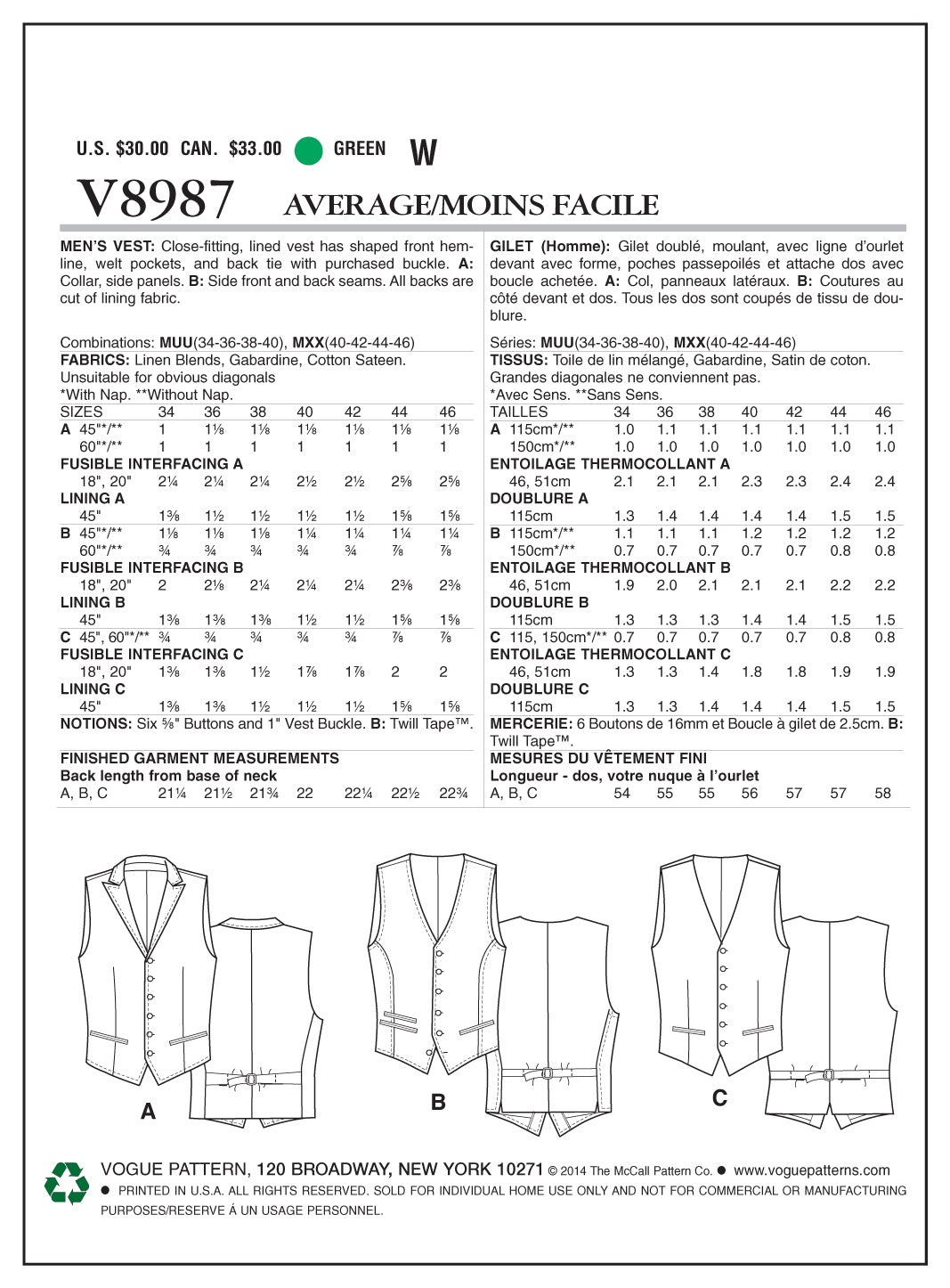 Vogue Vest Sewing Pattern V8987