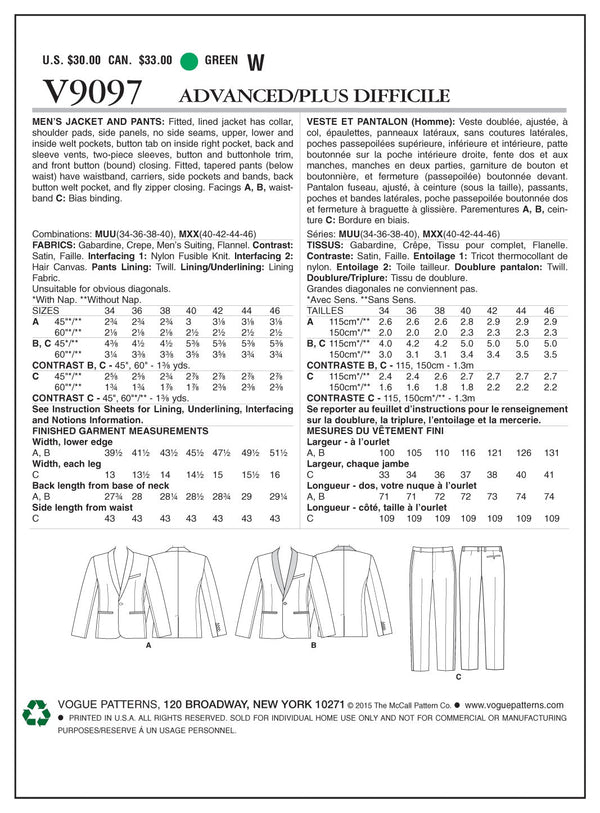 Vogue Career/Suits Sewing Pattern V9097