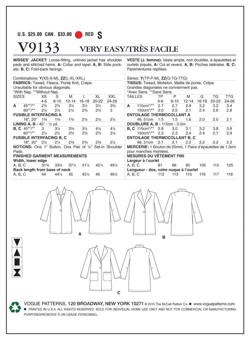 Vogue Jacket Sewing Pattern V9133