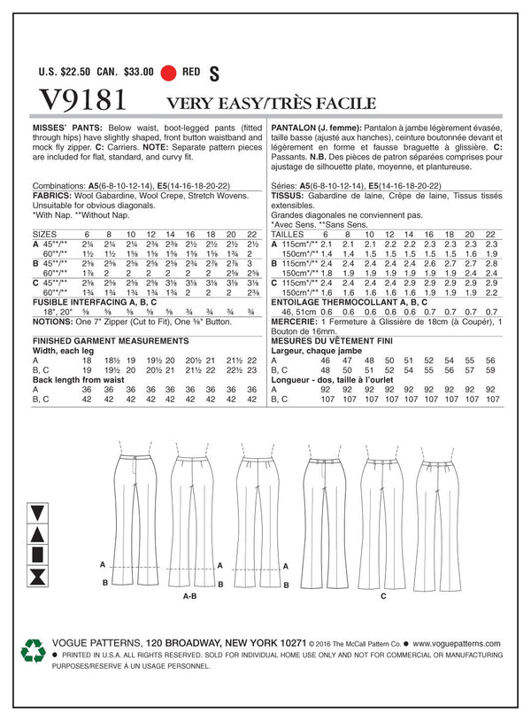 Vogue Pants Sewing Pattern V9181