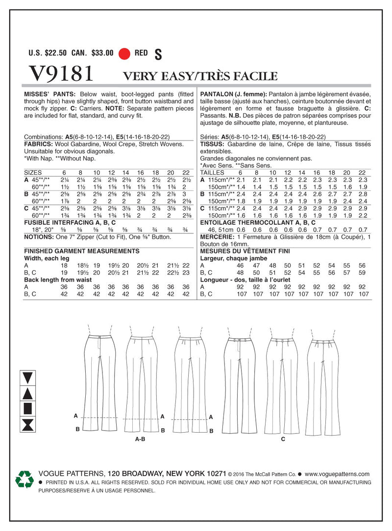 Vogue Pants Sewing Pattern V9181
