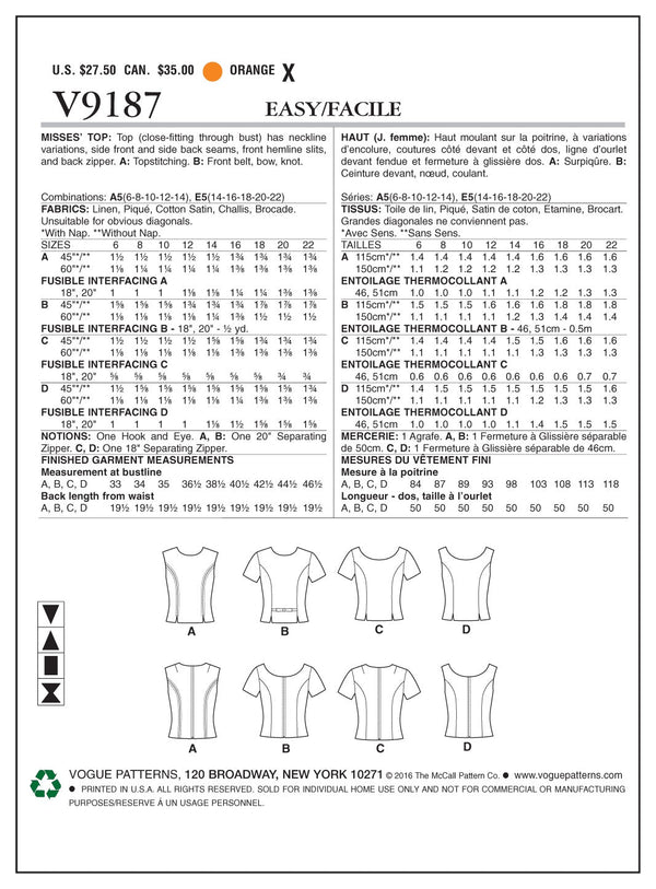 Vogue Top Sewing Pattern V9187