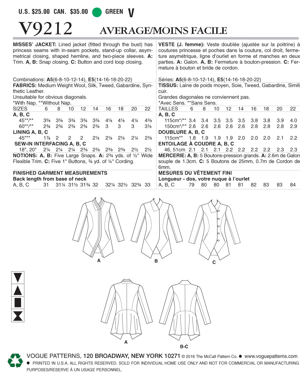 Vogue Jacket Sewing Pattern V9212