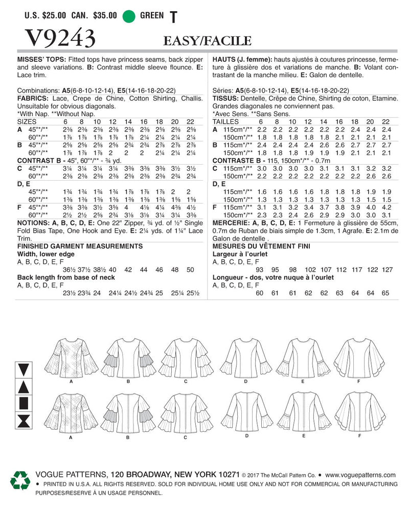 Vogue Top Sewing Pattern V9243