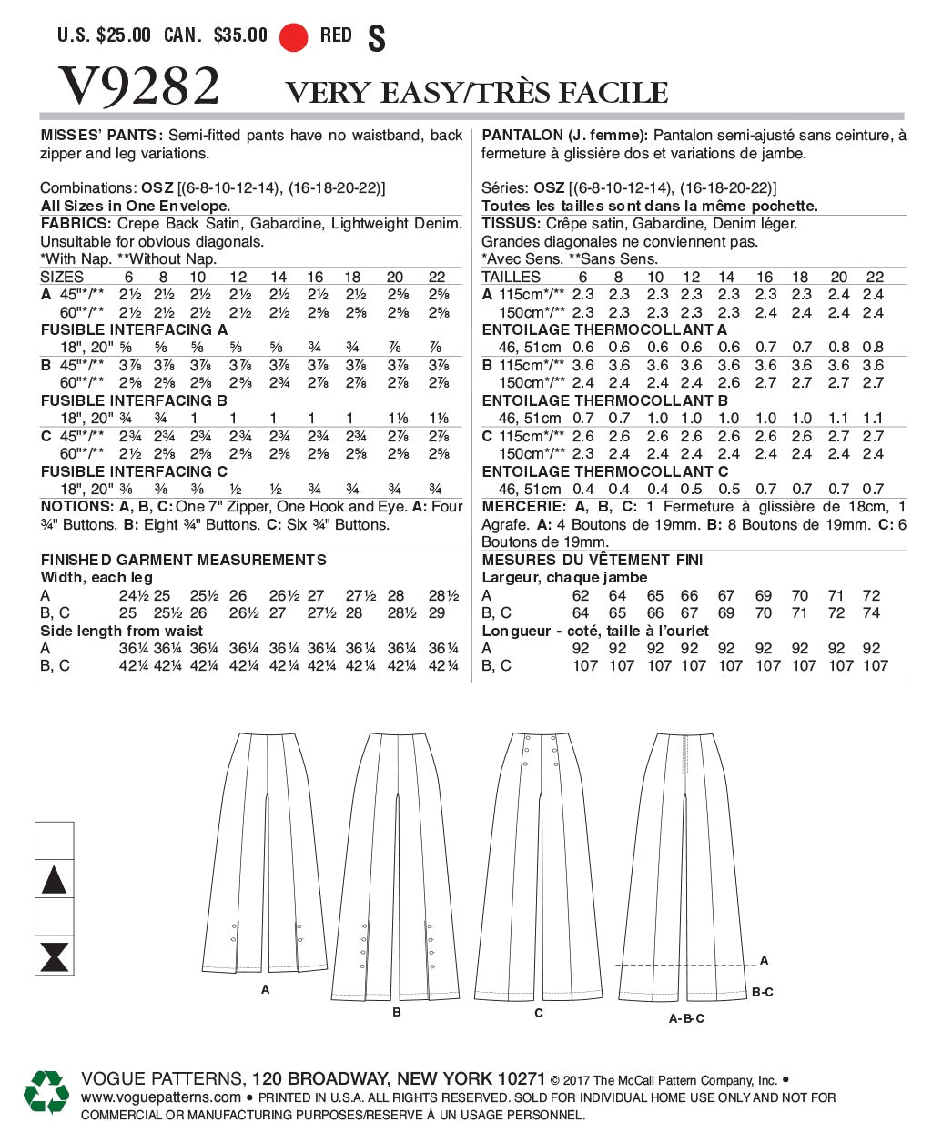 Vogue Misses Skirt/Pants Pants Sewing Pattern V9282OS