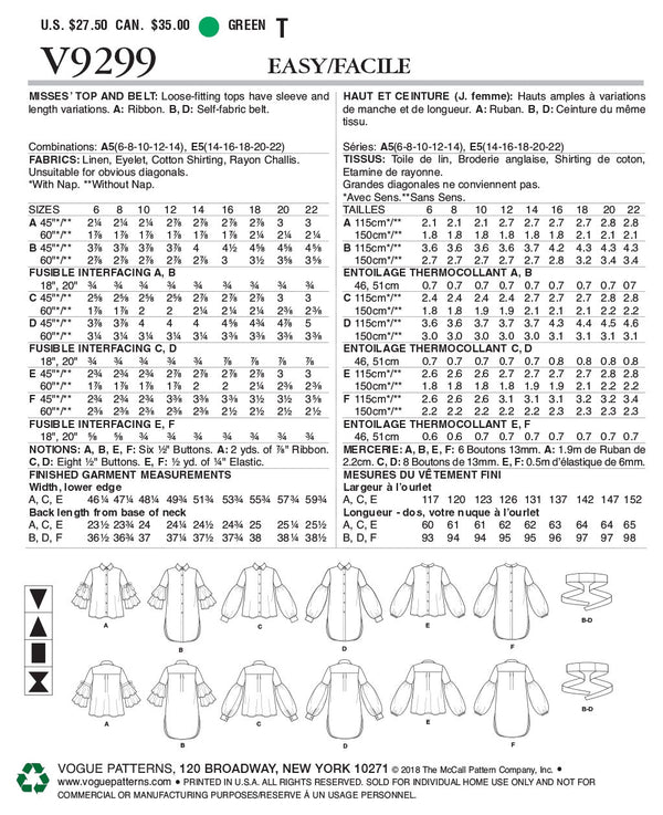 Vogue Top Sewing Pattern V9299