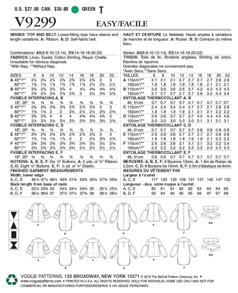 Vogue Top Sewing Pattern V9299