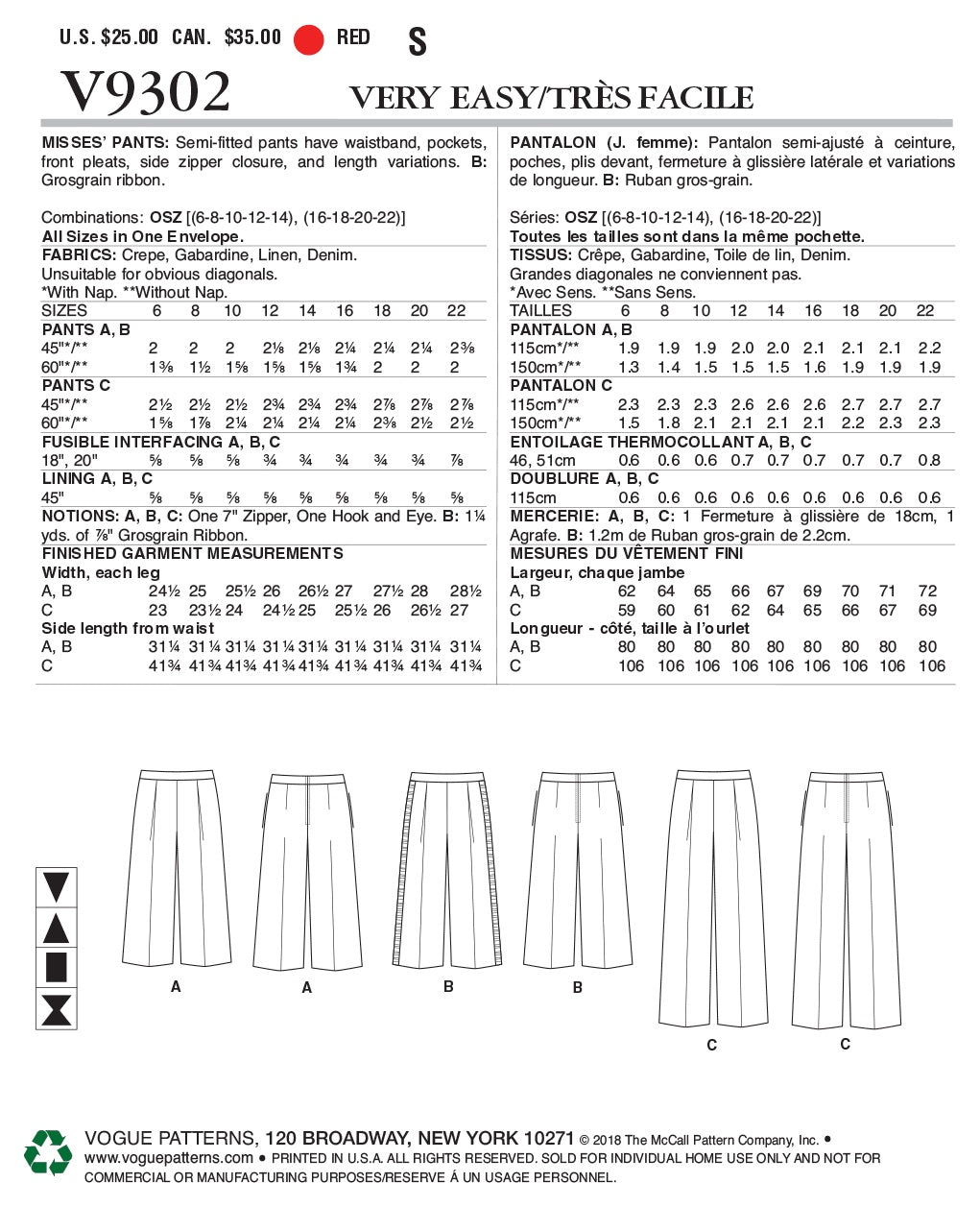 Vogue Misses Skirt/Pants Pants Sewing Pattern V9302