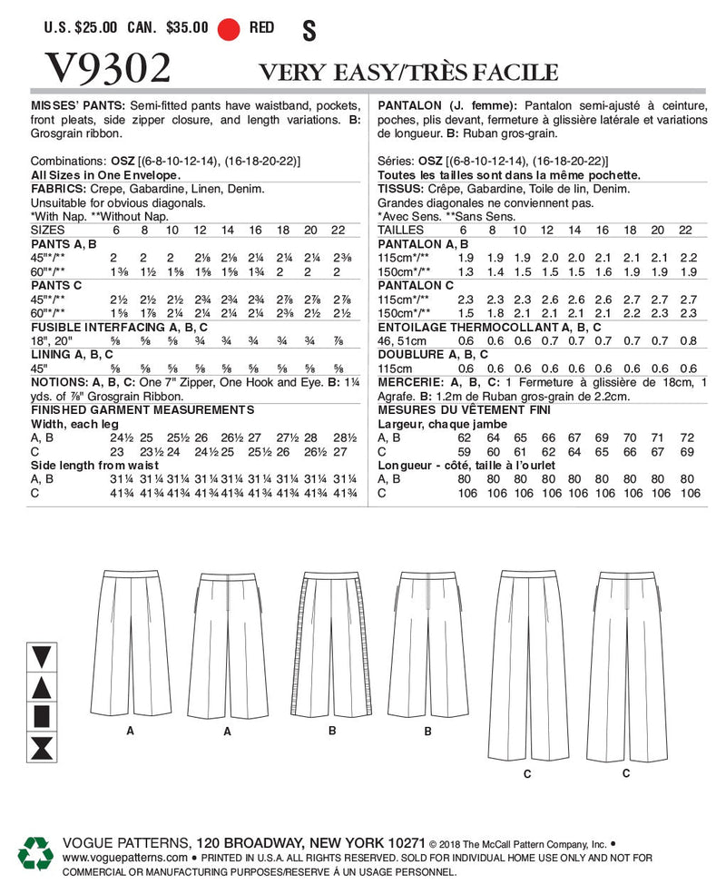 Vogue Misses Skirt/Pants Pants Sewing Pattern V9302