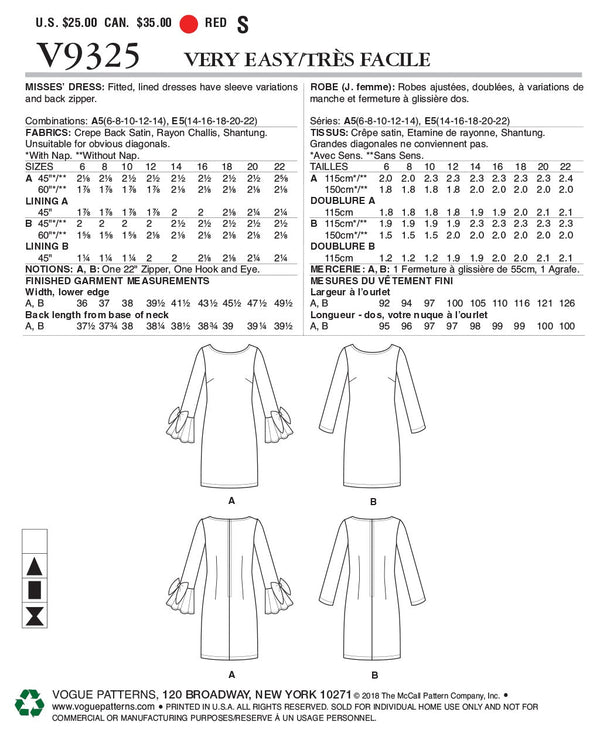Vogue Dress Sewing Pattern V9325