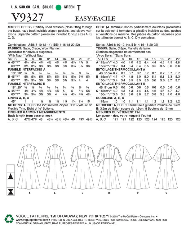 Vogue Dress Sewing Pattern V9327