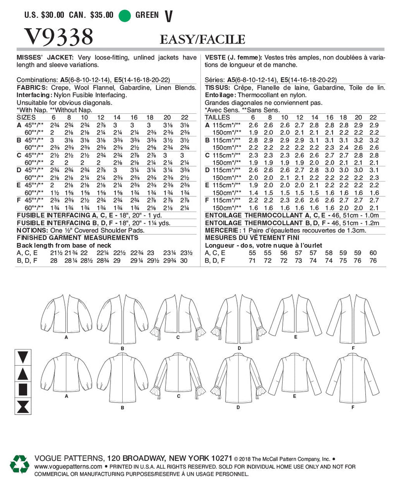 Vogue Jacket Sewing Pattern V9338