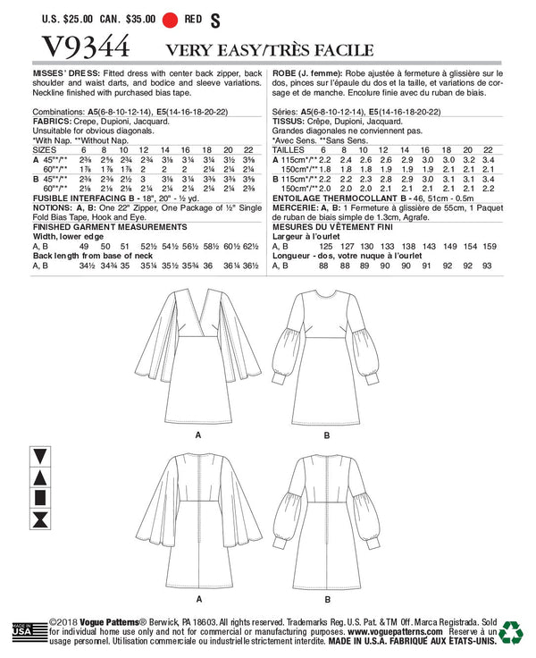 Vogue Misses Dress Sewing Pattern V9344