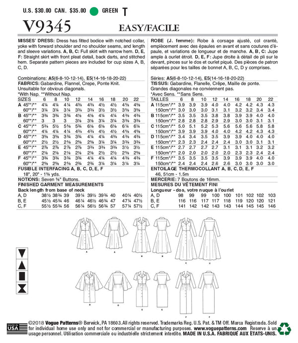 Vogue Misses Dress Sewing Pattern V9345