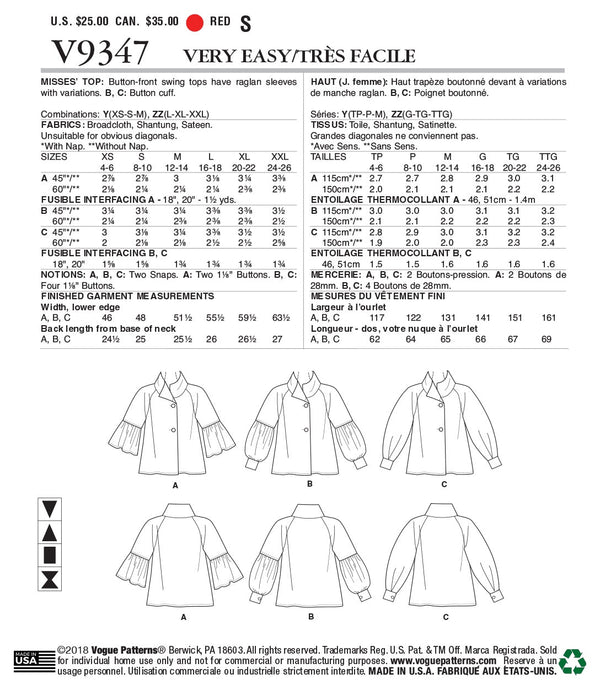 Vogue Misses / Top Vest Sewing Pattern V9347