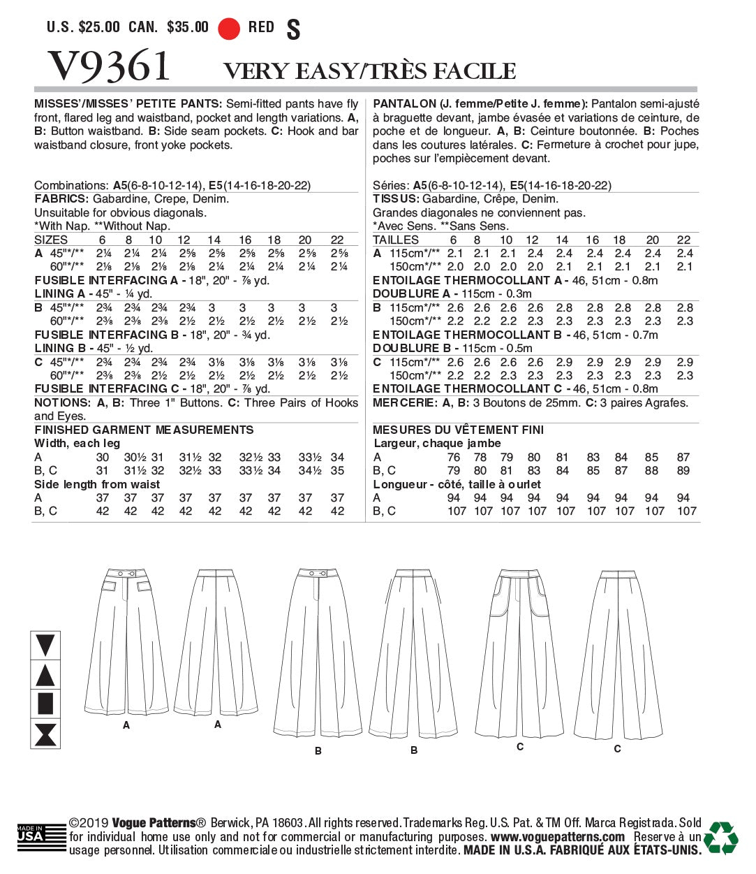 Vogue Misses / Skirt Pants Sewing Pattern V9361
