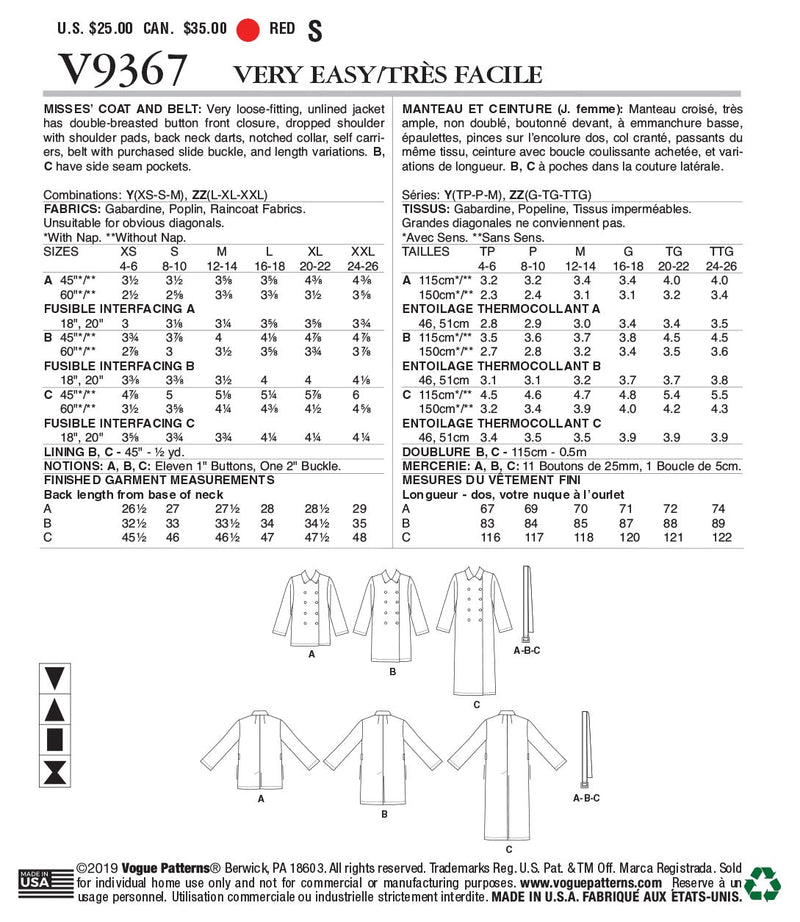 Vogue Misses Outerwear Sewing Pattern V9367