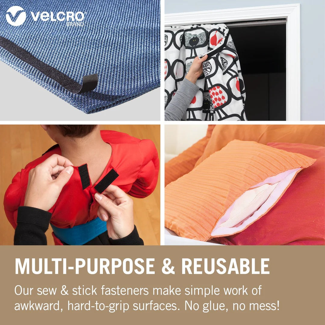 VELCRO® Brand Sew & Stick Tape | Hook & Loop Fastener | Dual-Use for Fabric & Hard Surfaces - 20mm Wide Black