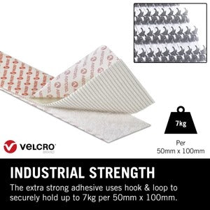 VELCRO® Brand Heavy Duty Stick On Tape | Industrial Strength Extra Strong Adhesive - 50mm Wide White