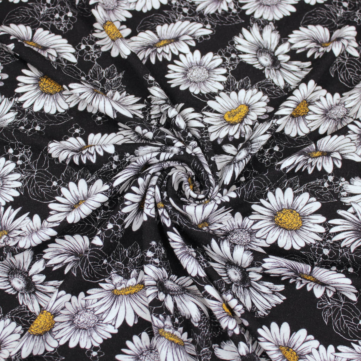 Viscose Jersey Stretch Black and White Daisy - Black