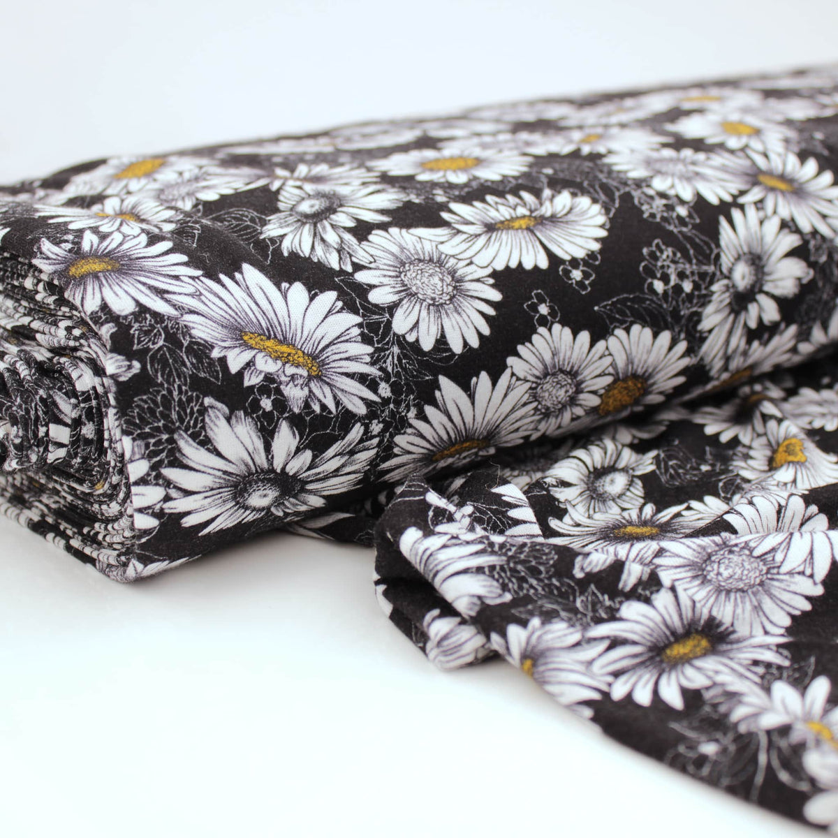 Viscose Jersey Stretch Black and White Daisy - Black
