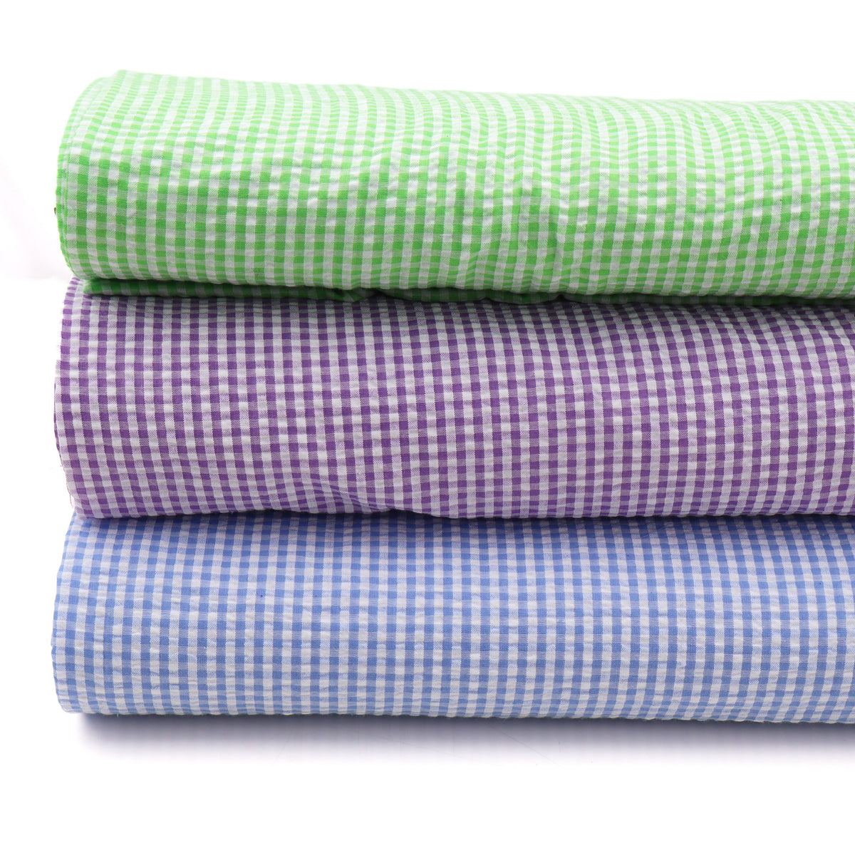 Crinkled Checked Printed Seersucker Dressmaking Fabric - Blue