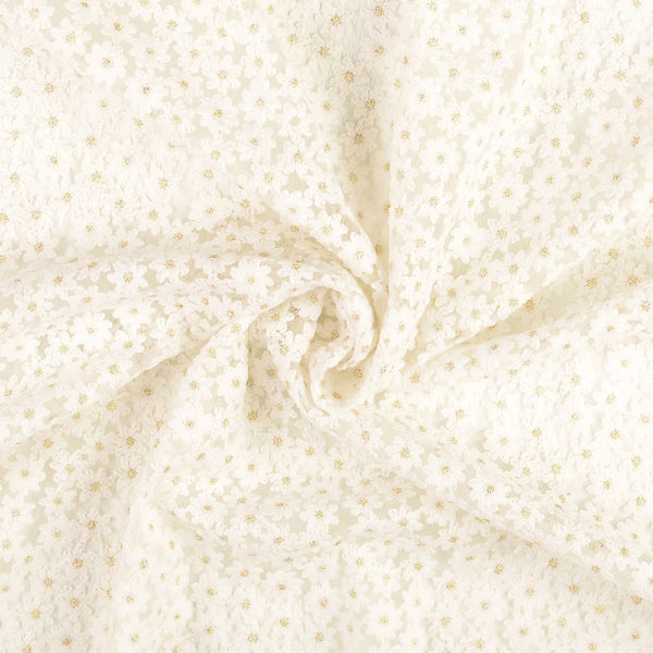 Daisy Sheer Lace Gold Glitter Floret Dressmaking Fabric - Off White